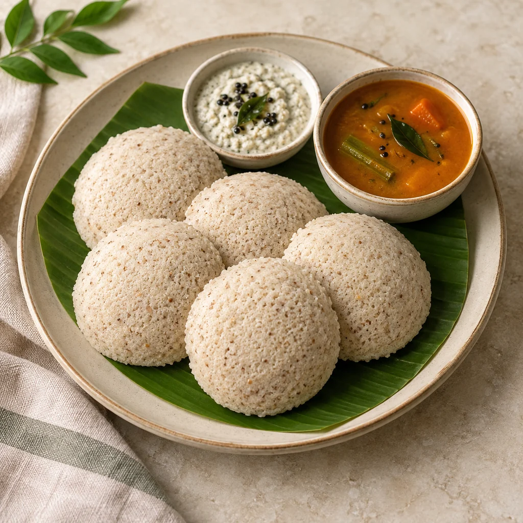 Illustrative serving of soft millet idlis on a banana-leaf-lined plate with coconut chutney and sambar