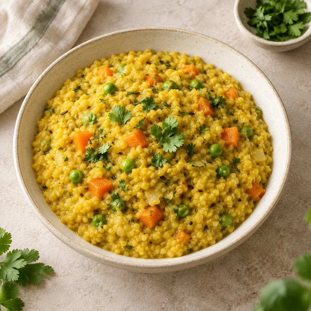 Golden millet kichidi with dal, carrots and green peas in a ceramic bowl