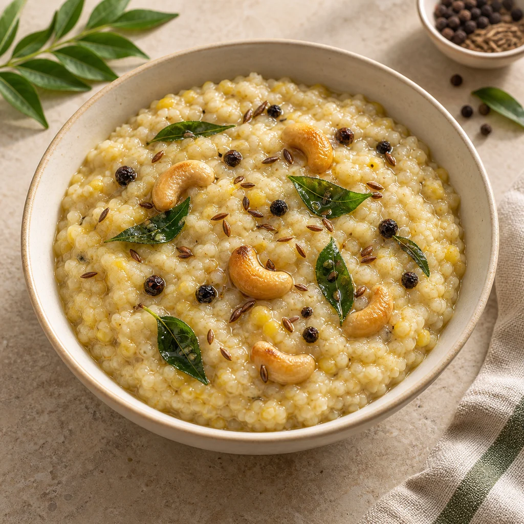 Creamy millet pongal topped with roasted cashews, peppercorns and curry leaves