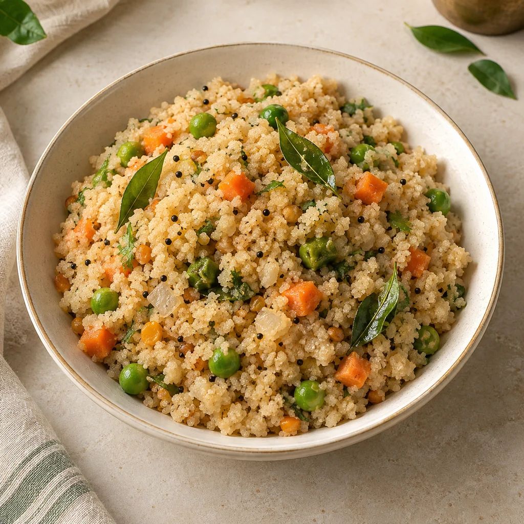 Multigrain upma with carrots, peas, mustard seeds and curry leaves