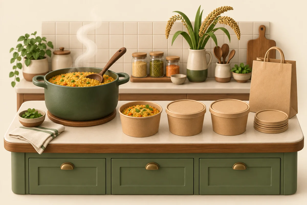 3D illustration of a millet meal preparation station with a cooking pot, neatly packed food bowls and a carry bag