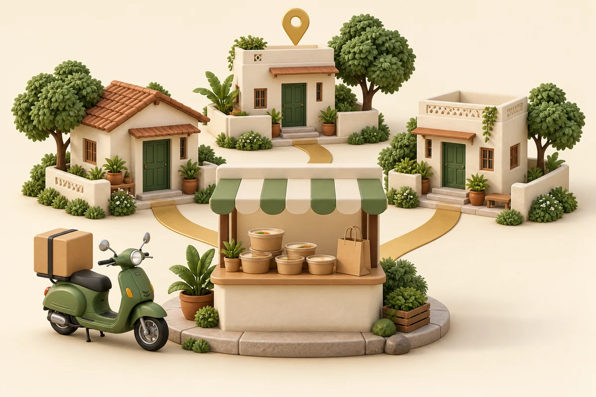 3D illustration of a meal pickup kiosk connected to neighbourhood homes, with packed food bowls and a delivery scooter