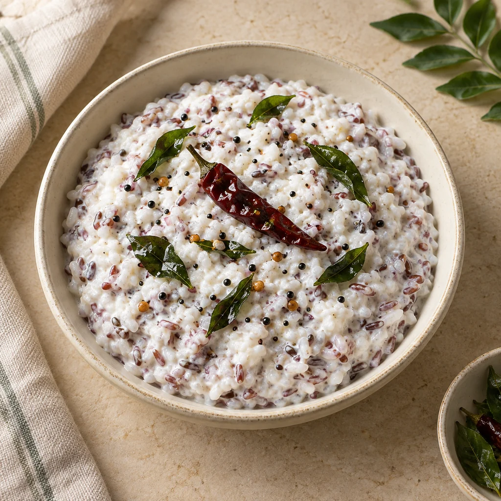 Creamy red and black rice perugu chaddannam with mustard seeds and curry leaves
